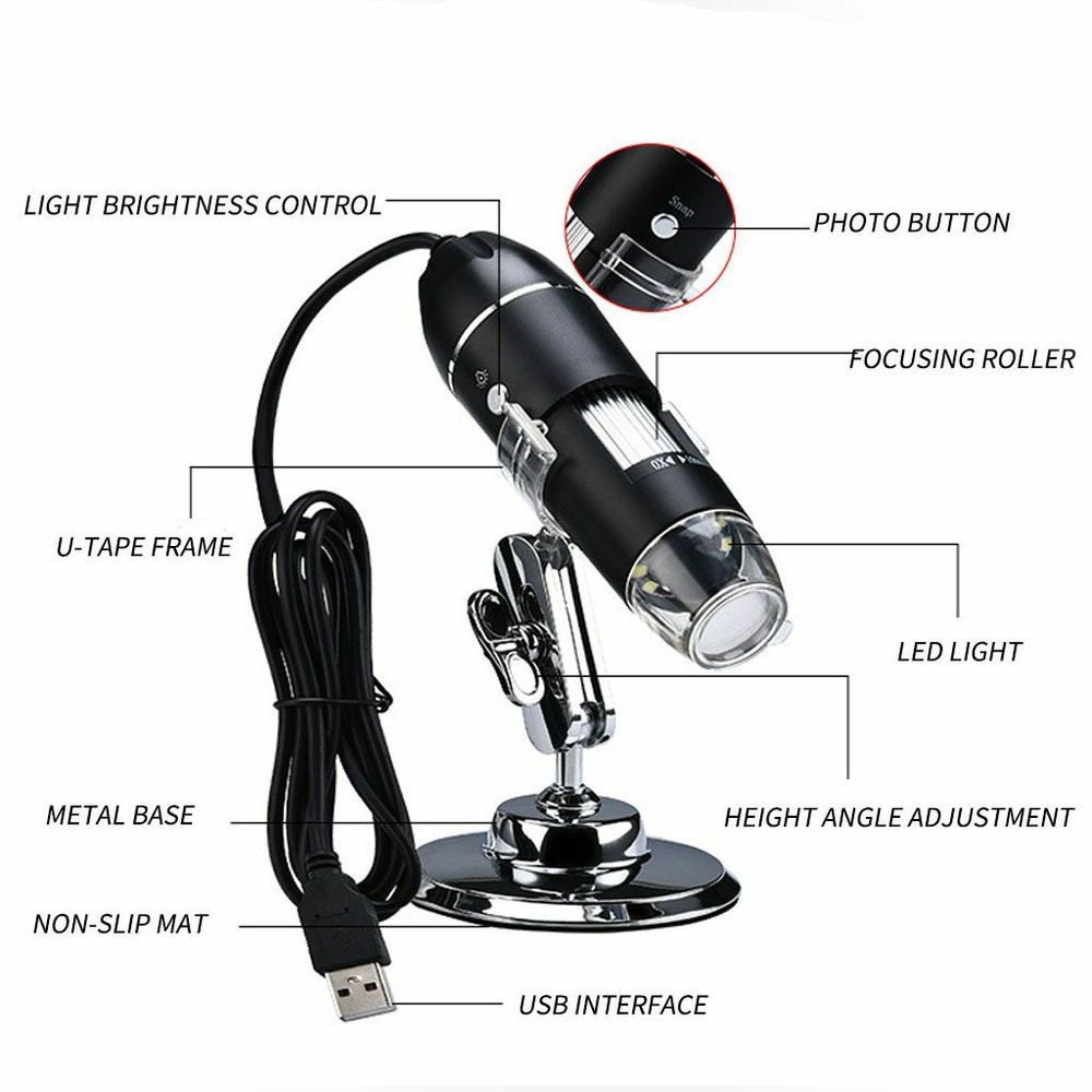 8 LED 1000X 3MP USB Digital Microscope Endoscope Magnifier Camera w/ Stand Black