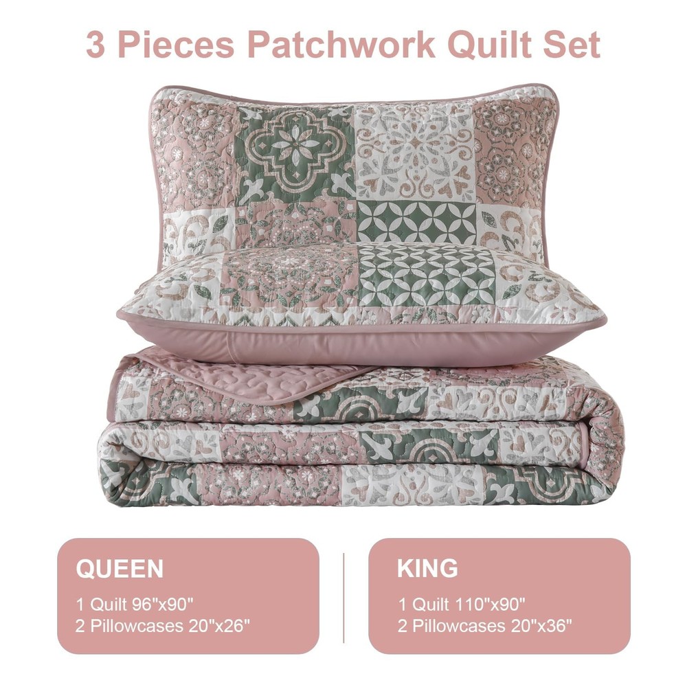 Dobuyly Blush Quilt Set Queen Size, Boho Patchwork Plaid Queen, Pink