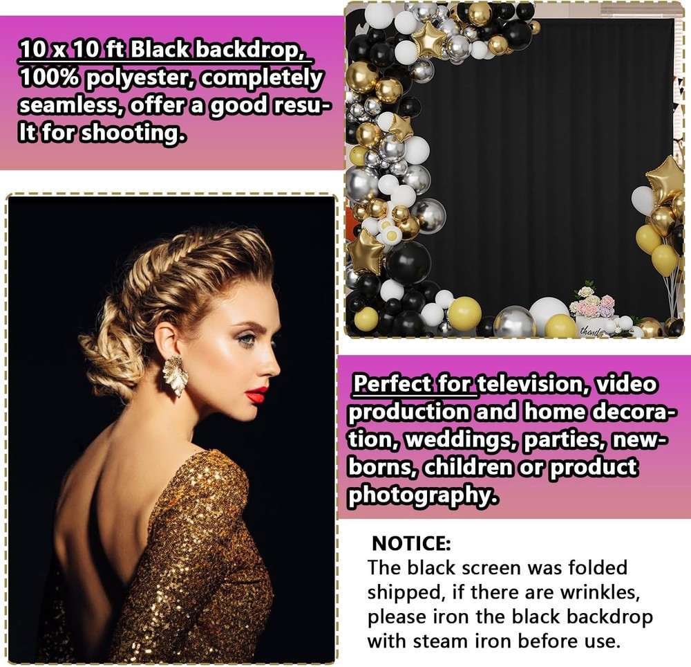 Black Backdrop 10 X 10 Ft, Solid Photo 10x10ft, black backdrop