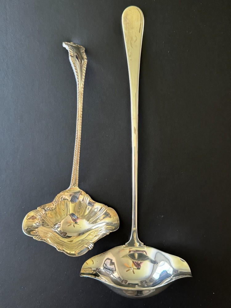 2 Fancy Silverplate 2-Sided Spout Punch Ladles Wallace 15" & Butler England 11"