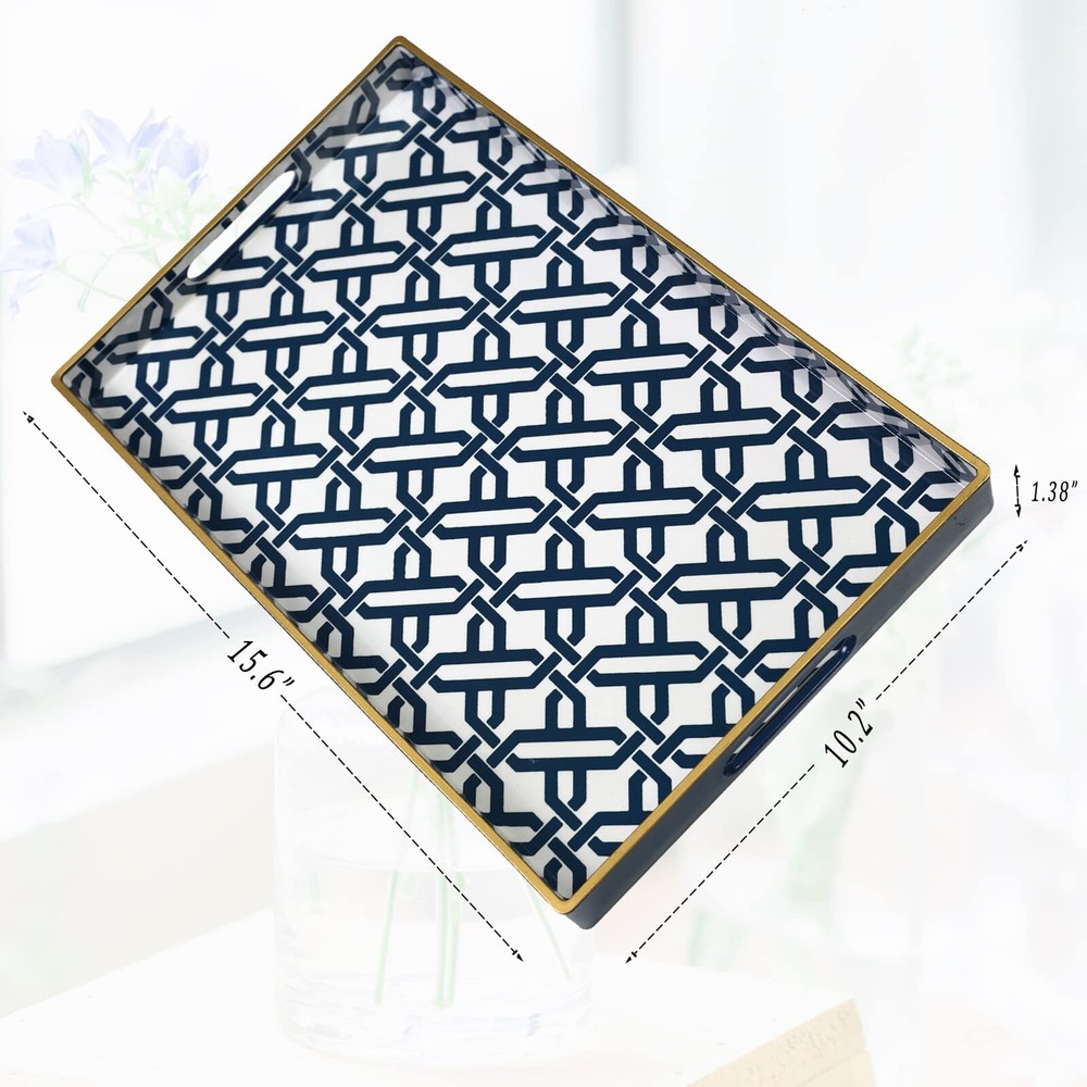 White Marbling Serving Tray with Handles 15.6"x10.2" Rectangular Decorative