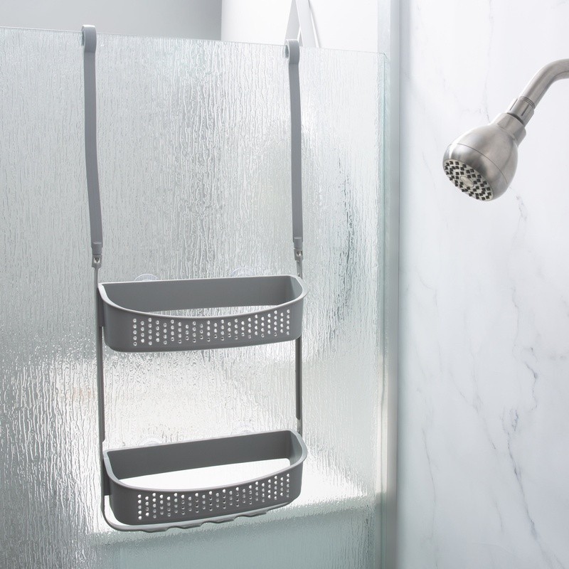 Convertible Shower Caddy Two Tier Shelves Storage Hooks Rust Resistant Design US