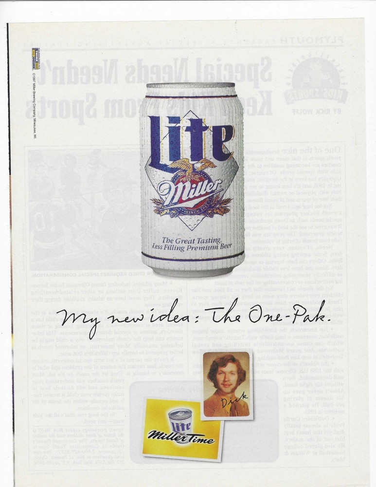 MY NEW IDEA: THE ONE PACK.  MILLER LITE  ORIGINAL PRINT AD