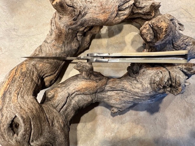 Big Damascus folding blade knife w/ white bone handle