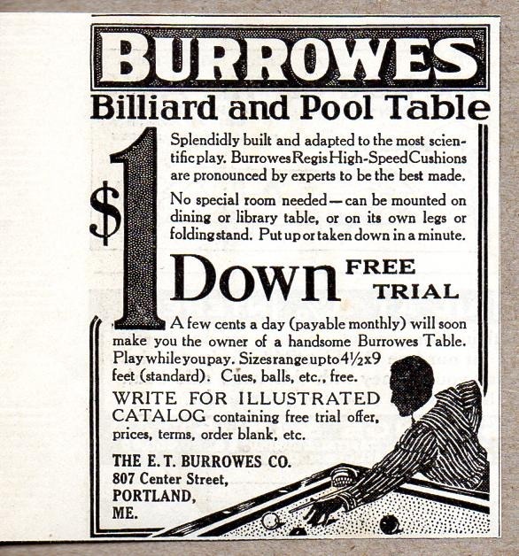 1915 Print Ad Burrowes Billiard & Pool Tables Portland,ME