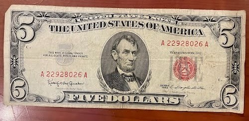 FIVE!~~~1963 Red Seal $2 Dollar Bills Circulated