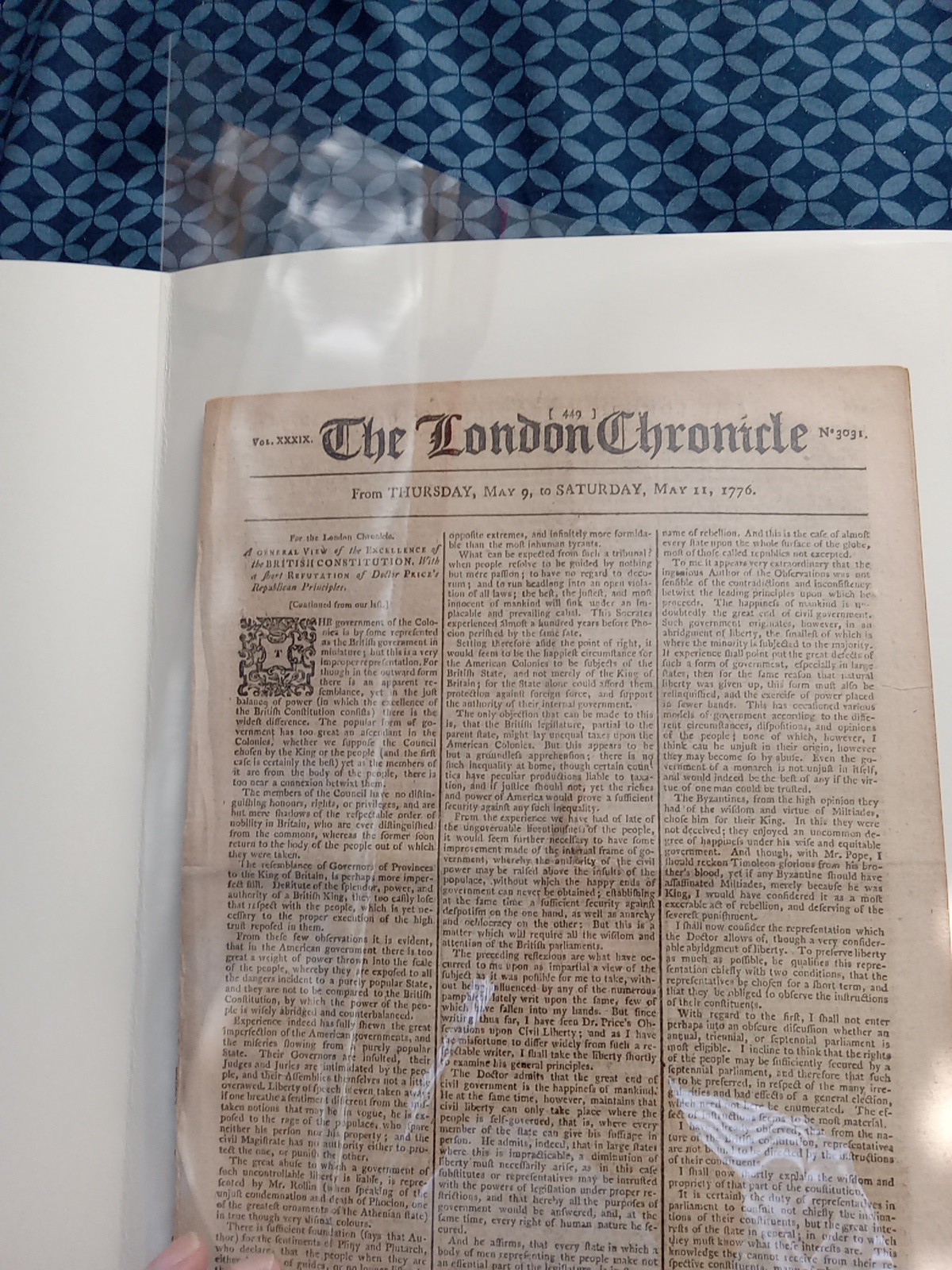 Original 1776 British Newspaper - American Revolutionary War - Colonies