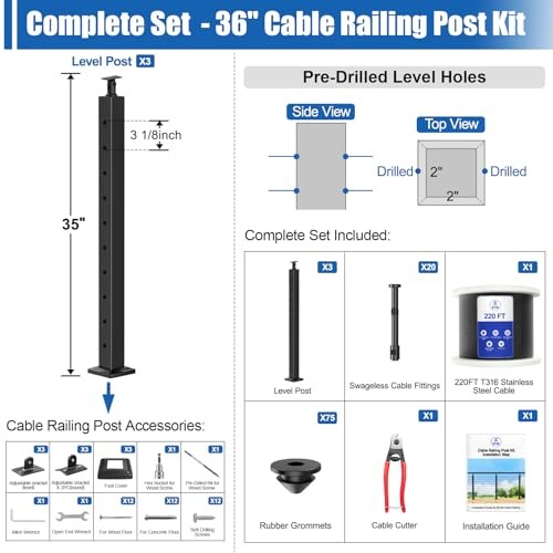 10-15ft Complete Set Cable Railing Post Kit, 3Pack 36" 10-15FT Level Post Kit
