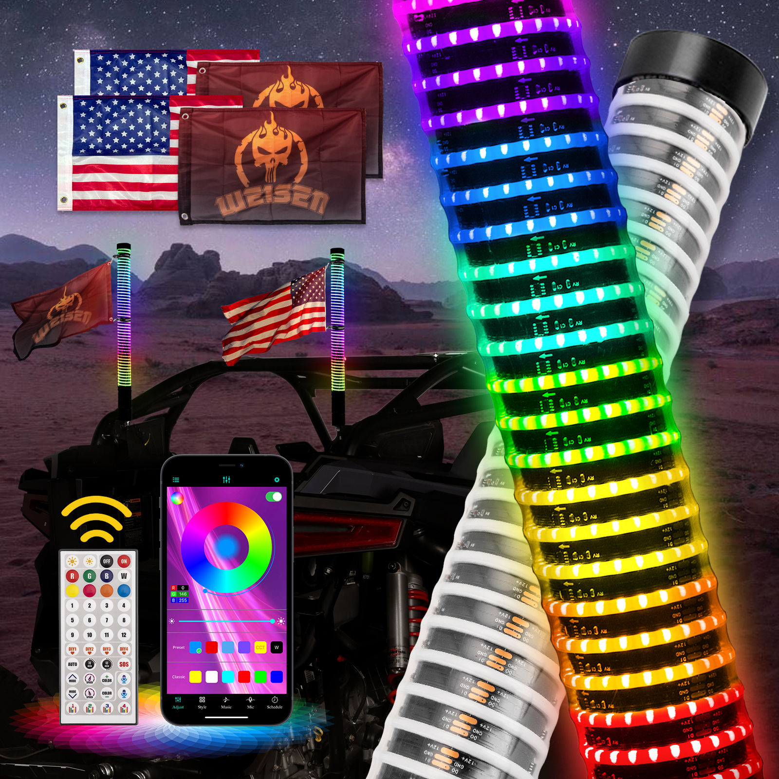 2x 2FT COB Thick LED Whip Spiral Chasing RGB Fat Whip Lights For Can Am Polaris