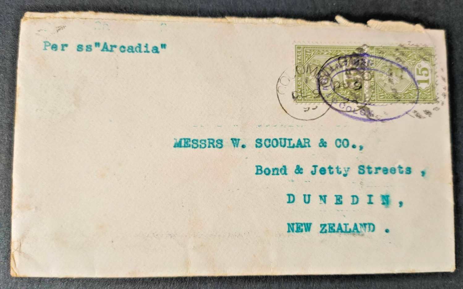 CEYLON 3-JA-00 PER SS ARCADIA MAIL TO NZ'd (JF)