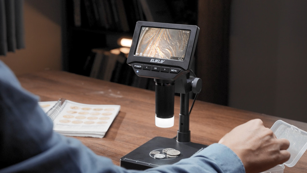 4.3" Digital Coin Microscope with Scale, Adjustable LED, Error Coin Magnifier fo