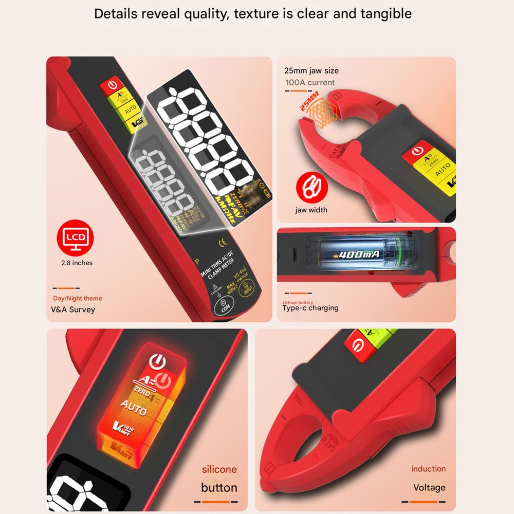 BSIDE UX1 Mini Clamp Meter Digital AC DC Current Voltage Temperature MultimeteCb