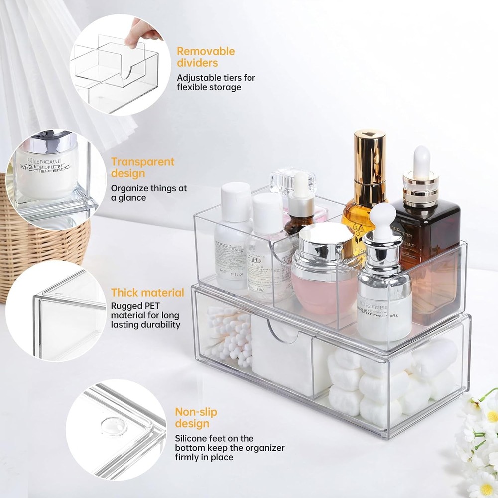Medicine Cabinet Organizer 2 Pack Stackable Storage Drawers W/ Removable Divider