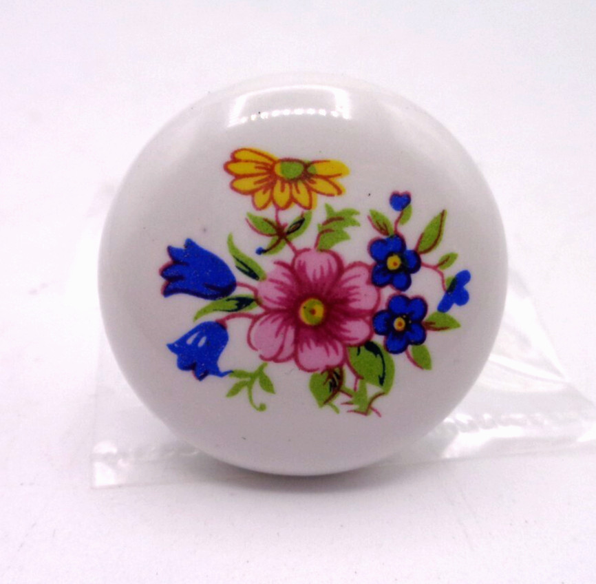 10 Vintage NOS Ceramic Cabinet or Drawer Pull Knobs w/ Multicolor Floral Design