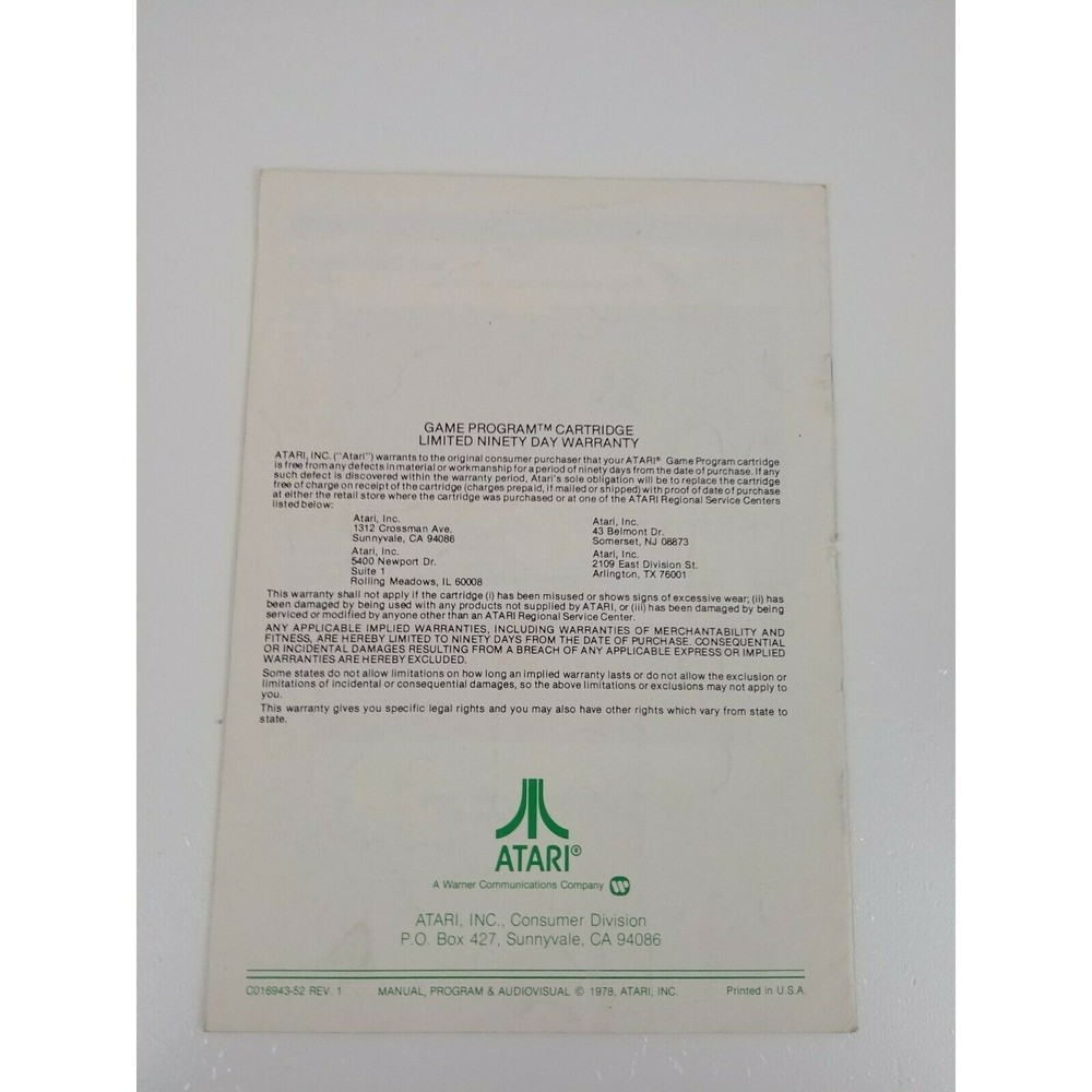 Atari 2600 Casino Instructions Manual
