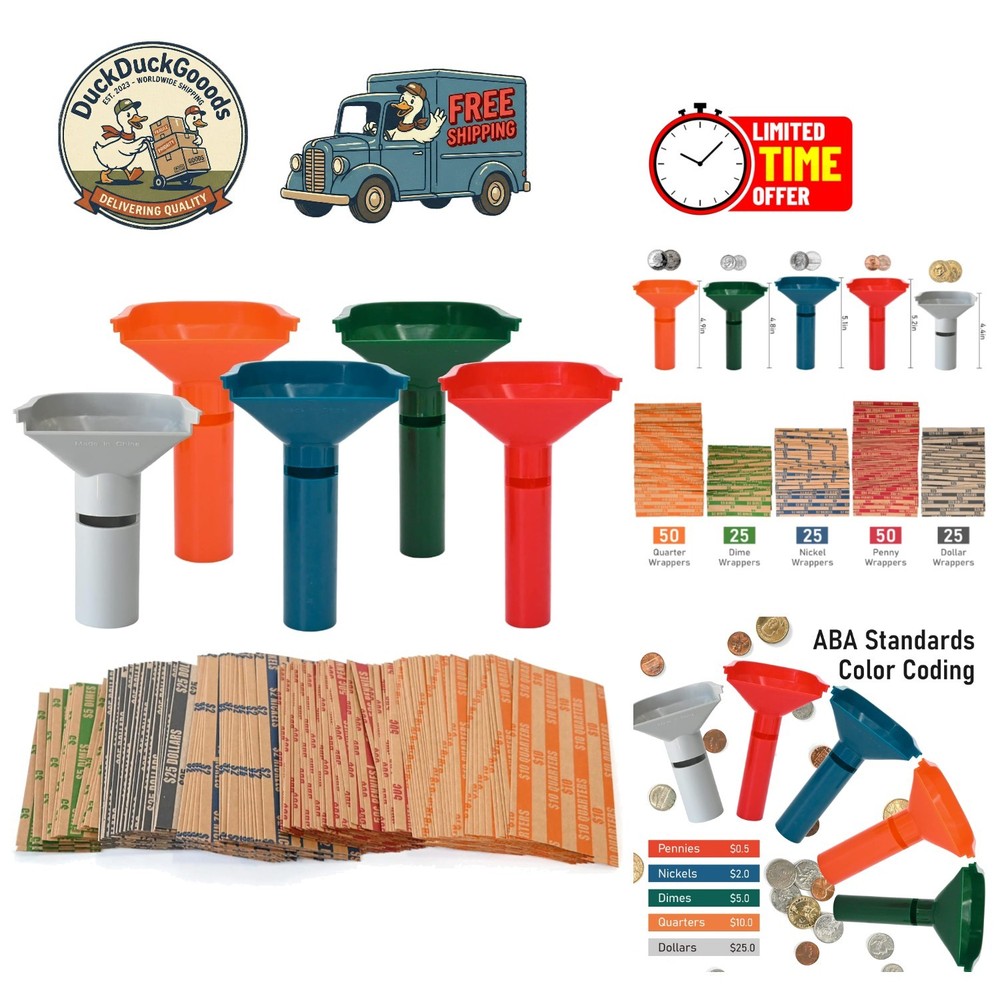 Effortless Coin Sorting: 175 Flat Striped Wraps & 5 Strong Sorting Tubes