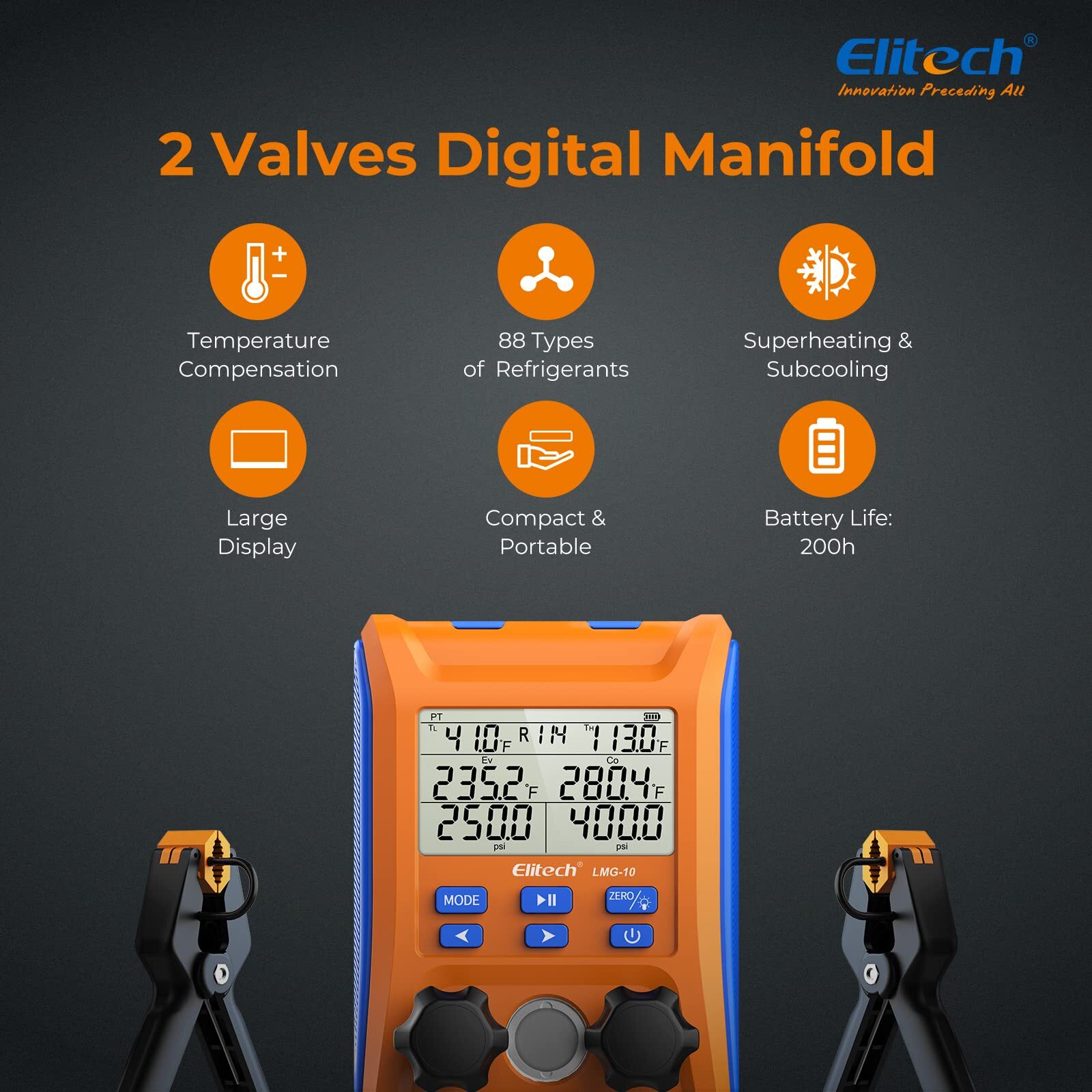 Elitech LMG-10 Digital Manifold Gauge Refrigeration Pressure Vacuum Temp Gauge