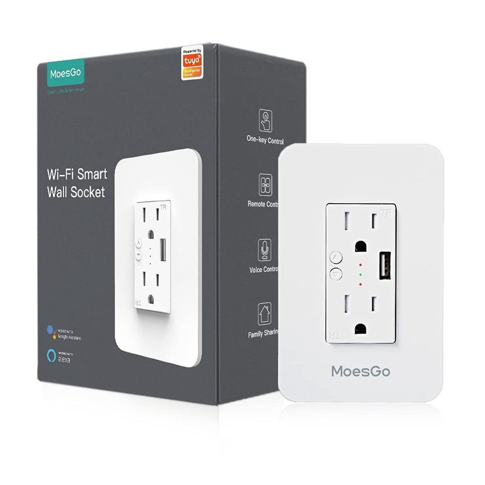 2 Pack Smart Power Wall Outlet with USB, WiFi Socket, 15 Amp Control