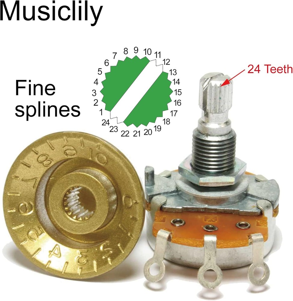 Black Witch Hat AMP 24 Splines Black & Silver Skirted Volume Tone Control Knobs