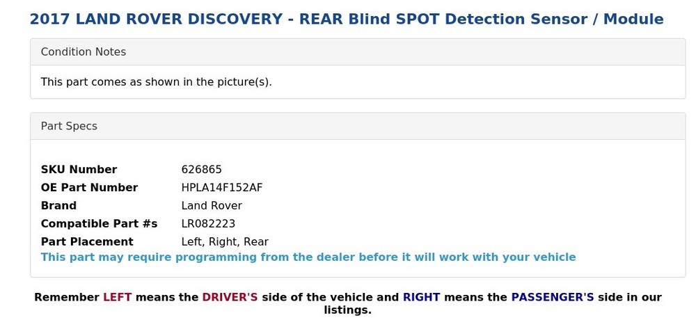 2017 LAND ROVER DISCOVERY - REAR Blind SPOT Detection Sensor / Module
