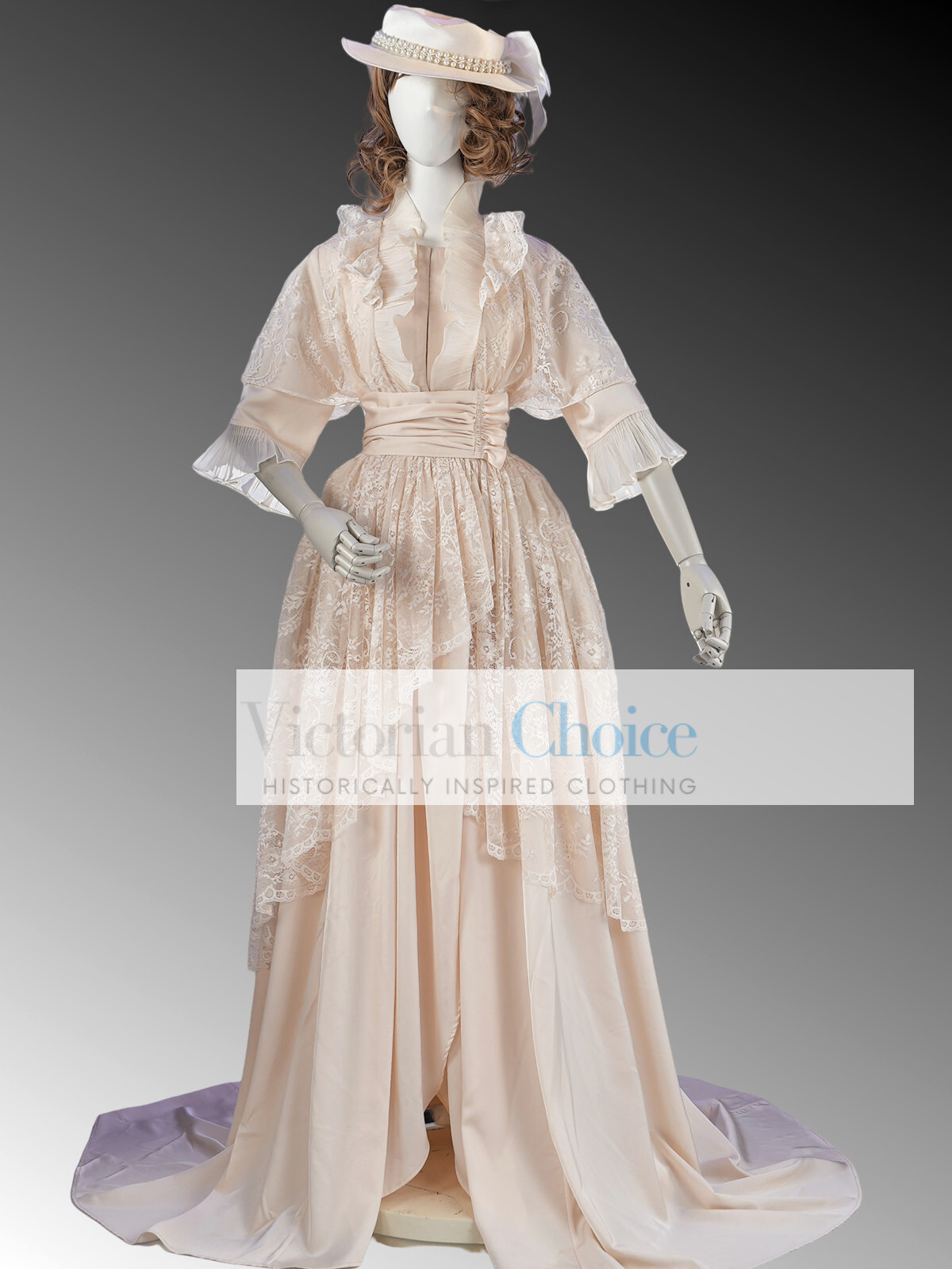 Victorian Edwardian Lace Overlay Wrapper Wedding Dress Vintage Bridal Gown 841