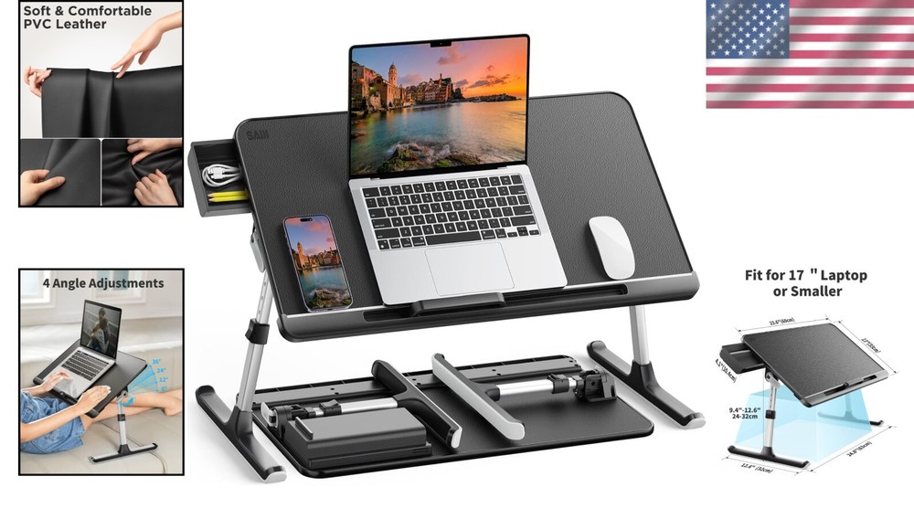 Elegant Adjustable Laptop Bed Tray Table - Foldable Design with Storage Drawer