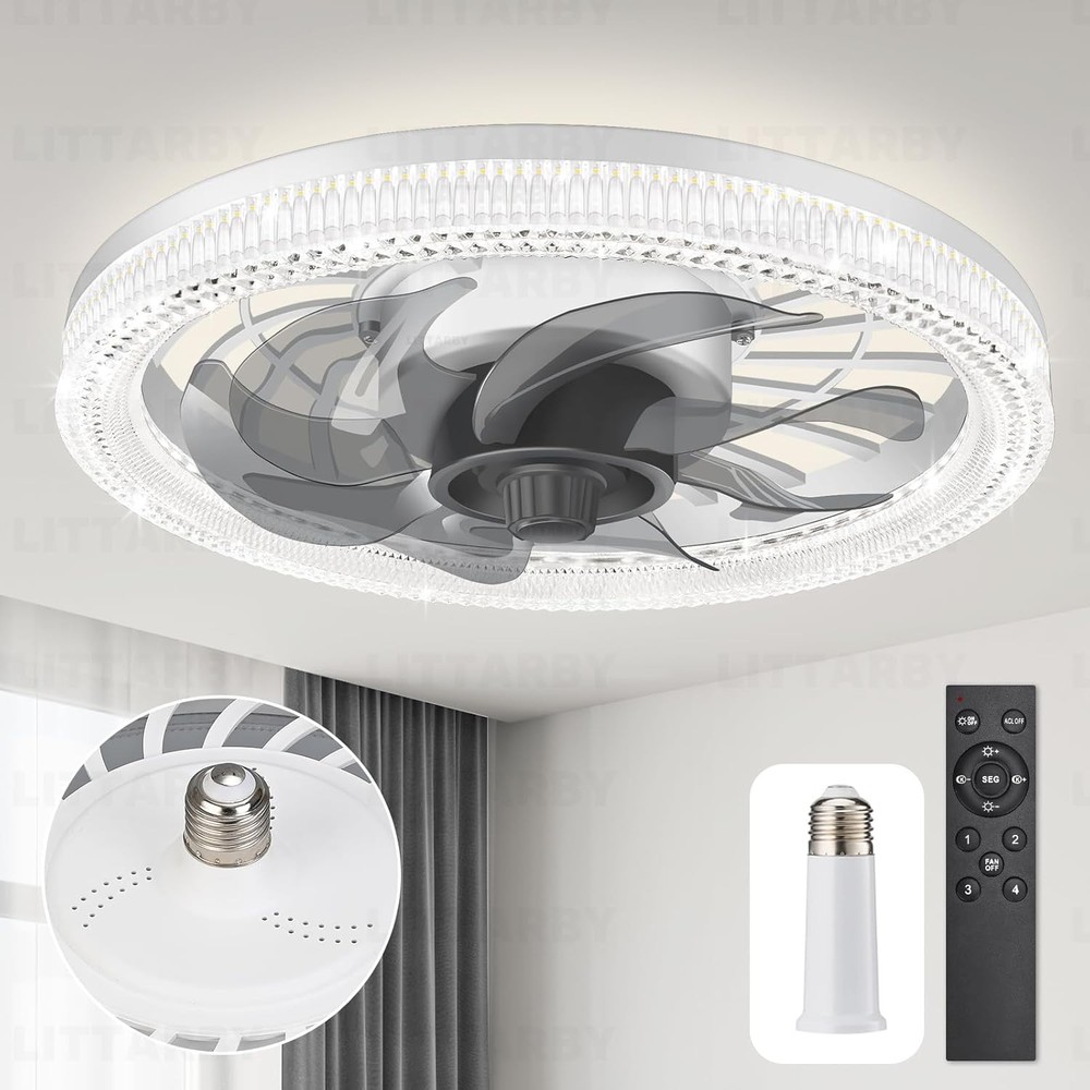 Ceiling Fans with Lights, Socket Fan Light Remote Control, White-Large