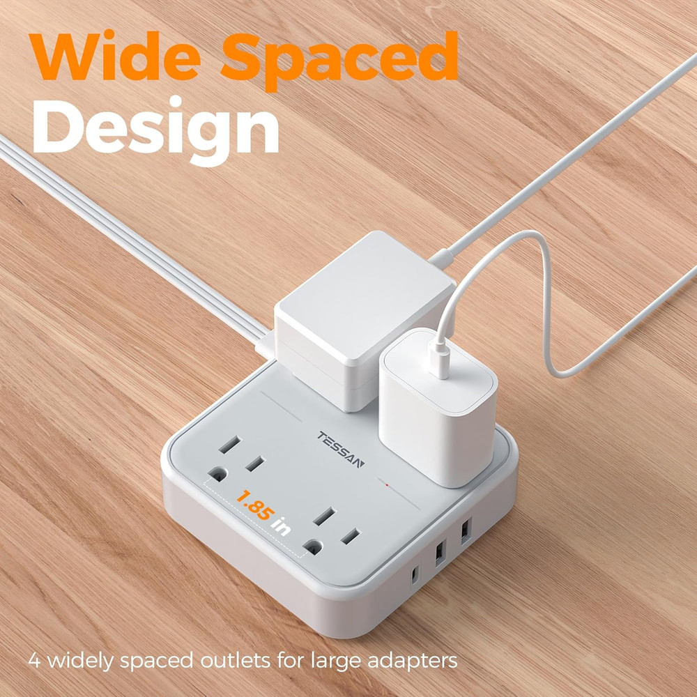 Flat Plug Extension Cord 5 Ft, Surge Protector Power Strip Ring Pull with 3 USB