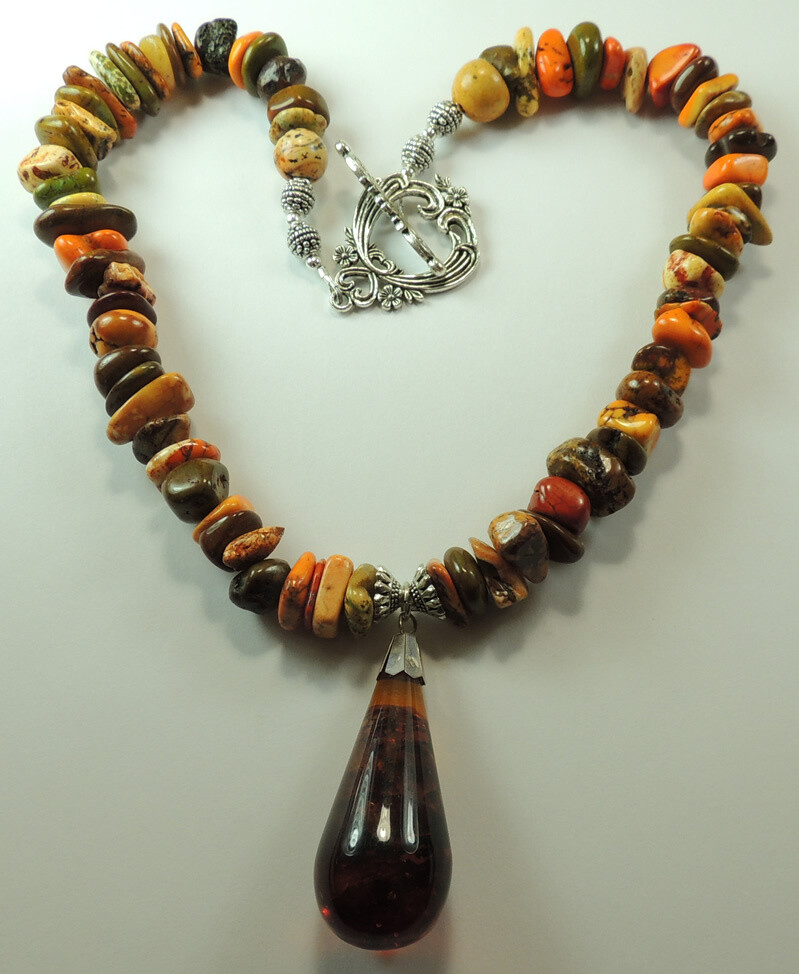 Statement Jasper Necklace with Reconstituted Amber Teardrop Handmade
