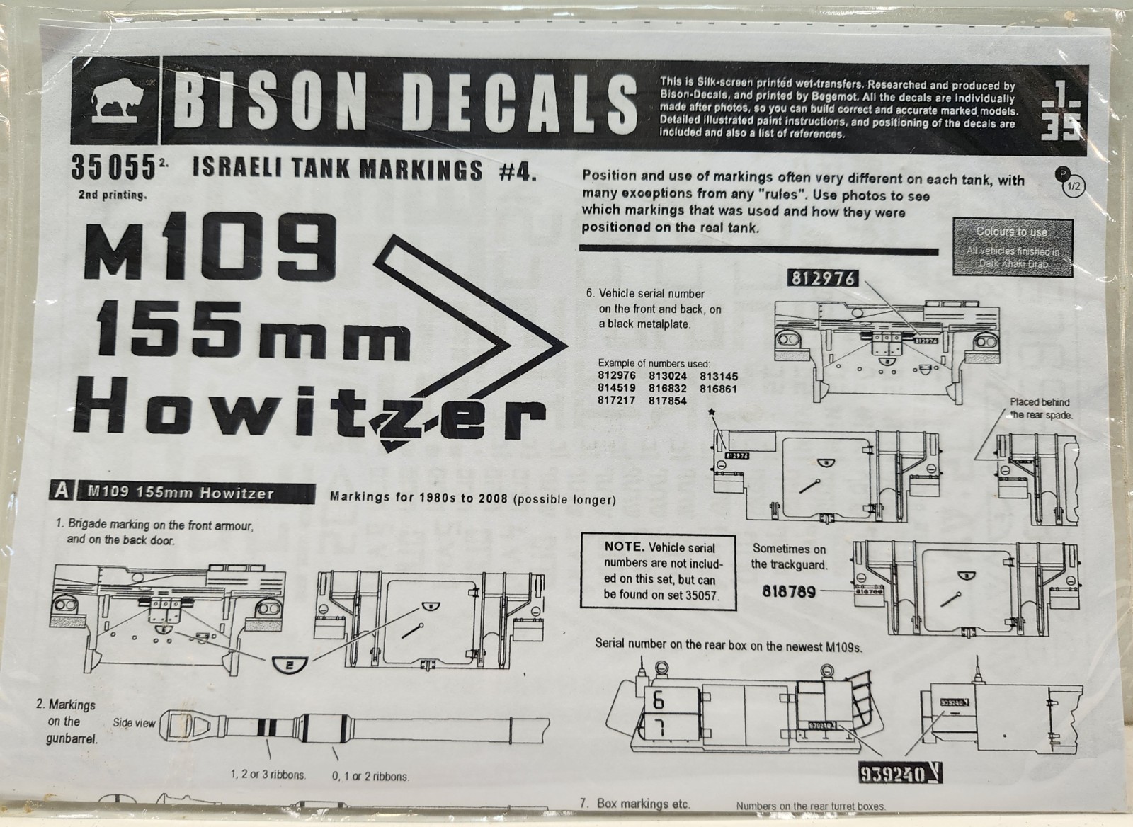 BISON Decals 35055 Israeli Tank Markings # 4 1/35 Model Kit M109 155mm Howitzer