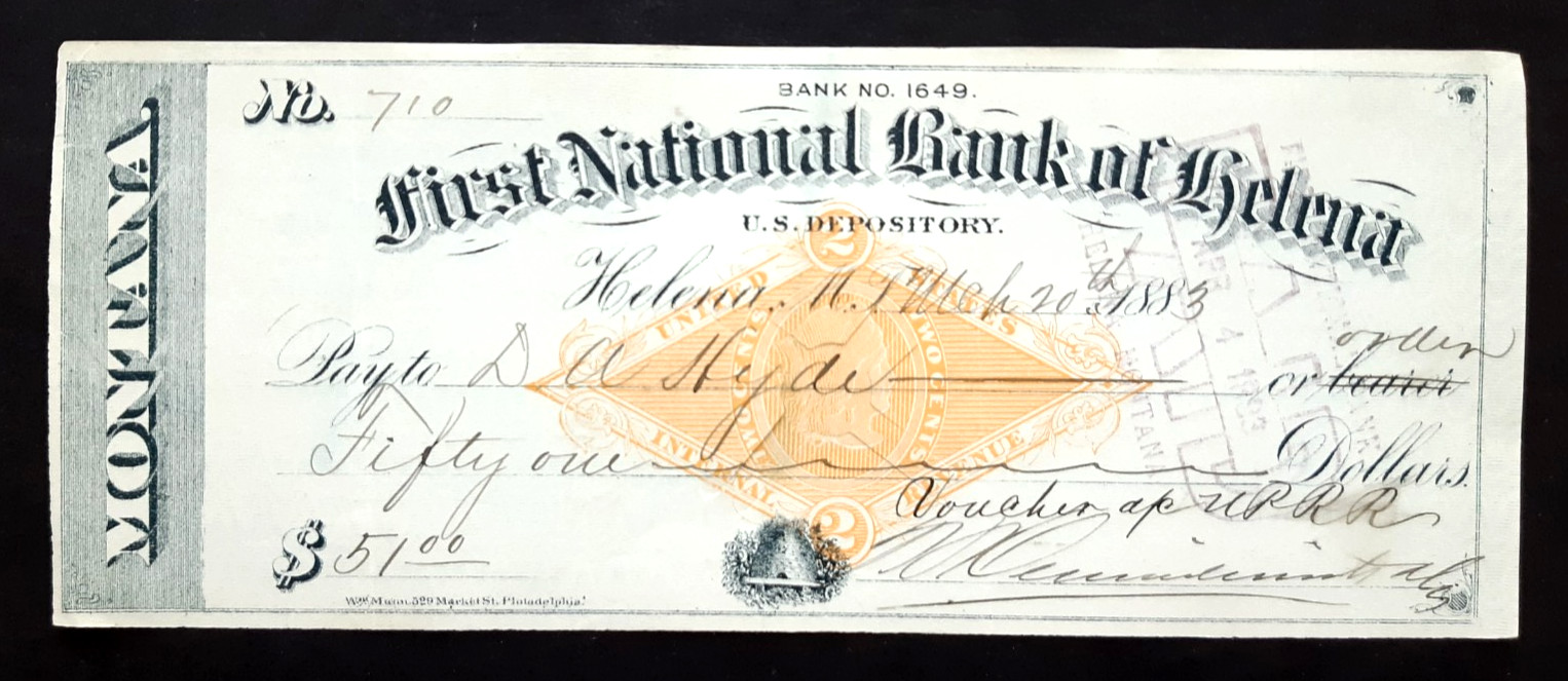 Old 1883 BANK CHECK ~ FIRST NATIONAL BANK OF HELENA MT With RN-G1 Revenue Stamp
