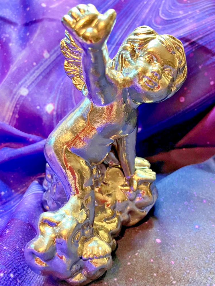 Two Silver Colored Ceramic Baby Cherub Candlestick Holders