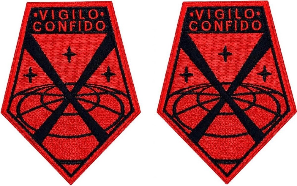 X-COM VIGILO CONFIDO EMBROIDERED MORALE PATCH | 2PC  HOOK BACK 3.5"X2.5"  Red