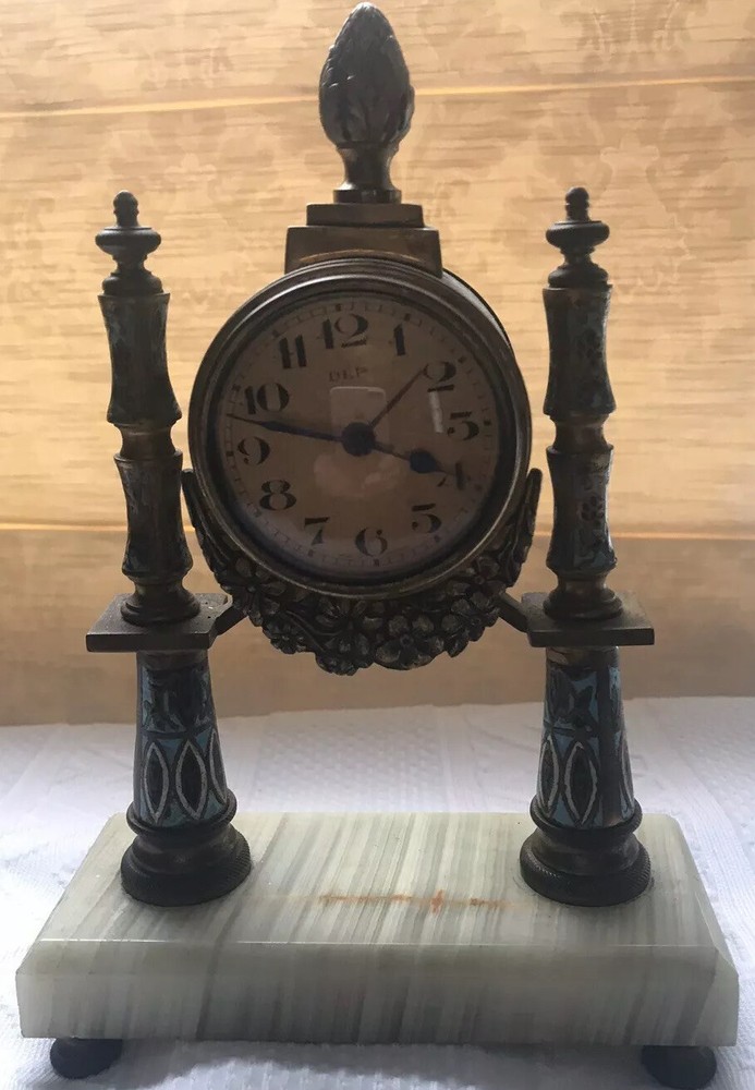 ANTIQUE FRENCH CHAMPLEVE ENAMEL CLOCK 8”