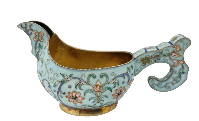 Russian Blue Cloisonne Enamel Silver Kovsh