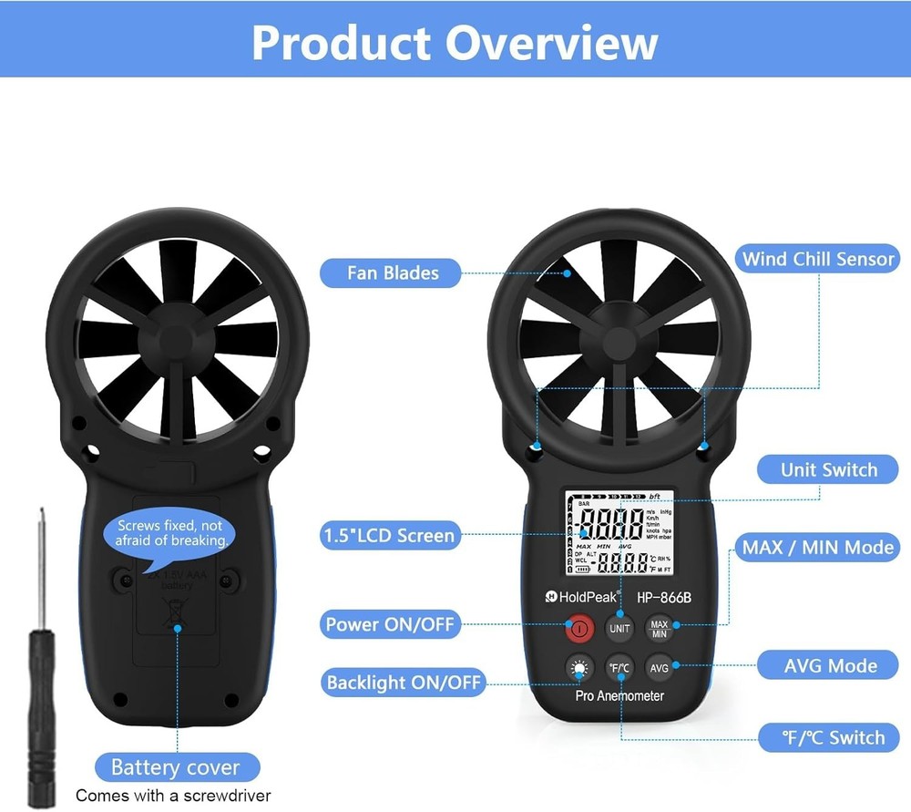 Professional Handheld Wind Speed Meter - HoldPeak 866B