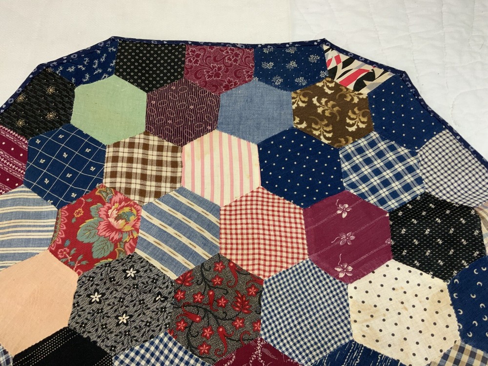 Antique Patchwork Quilt Table Topper, Octagons, Early Calico Prints, Navy, Multi
