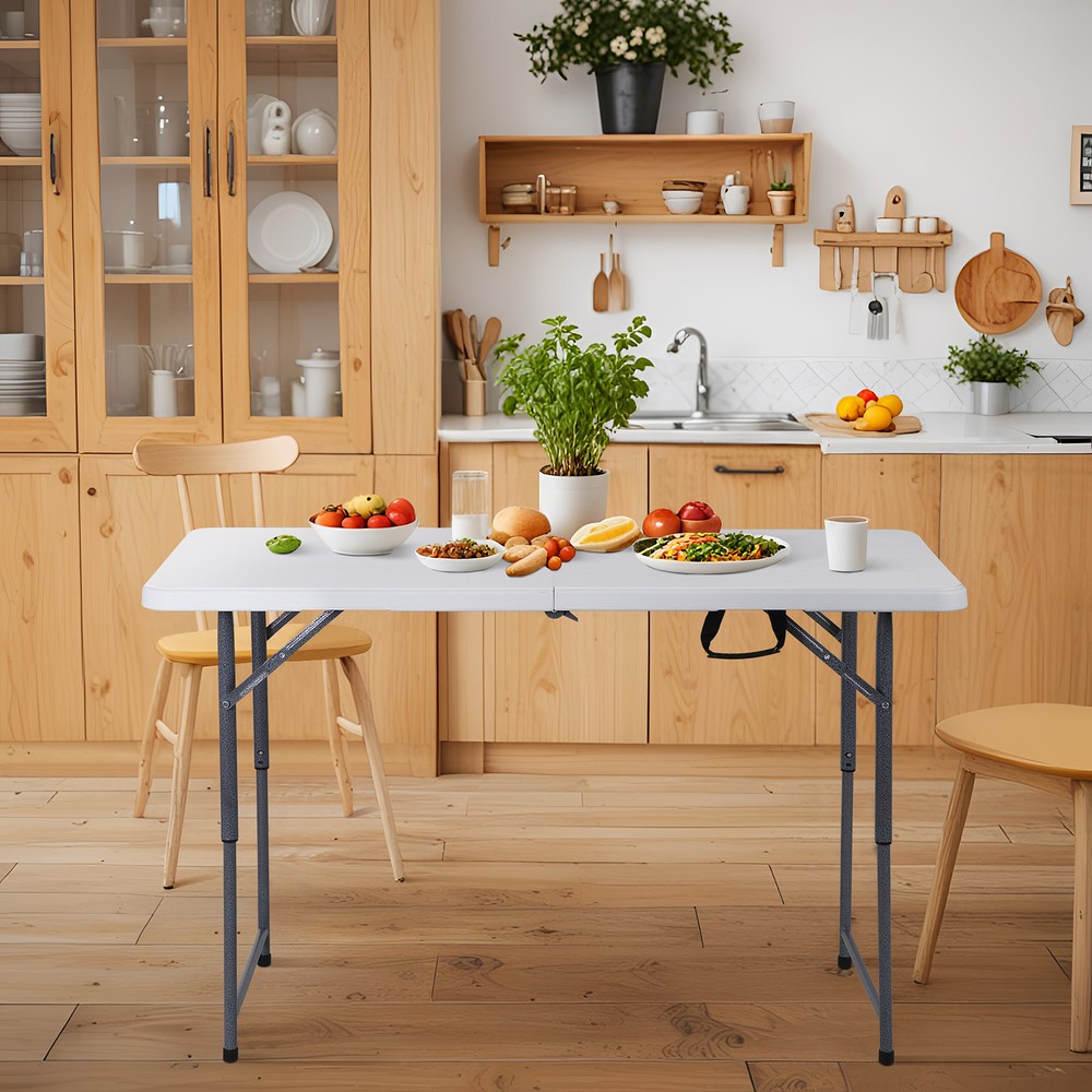 Folding Table Adjustable 4FT Plastic Table Picnic Camping w/Carry Handle White