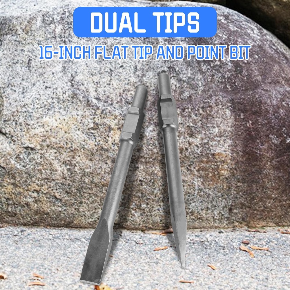 2 PCS Jack Hammer Chisel Bits, 1-1/8 Hex Shank, Point, Flat, Concrete Breaker
