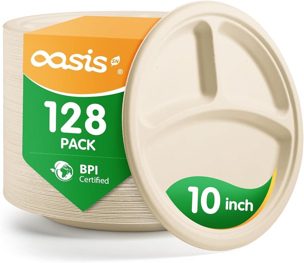 𝟭𝟬 𝗶𝗻𝗰𝗵, 𝟭𝟮𝟴-𝗣𝗮𝗰𝗸 3-partment Disposable Paper Plates,