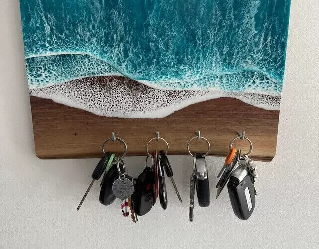 Ocean Epoxy Key Holder Wall Board, River Epoxy Wall Board Interior Decor