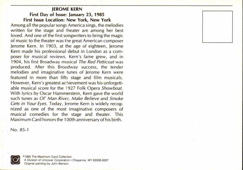 1985 Jerome Kern - Maximum Card - Scott# 2110