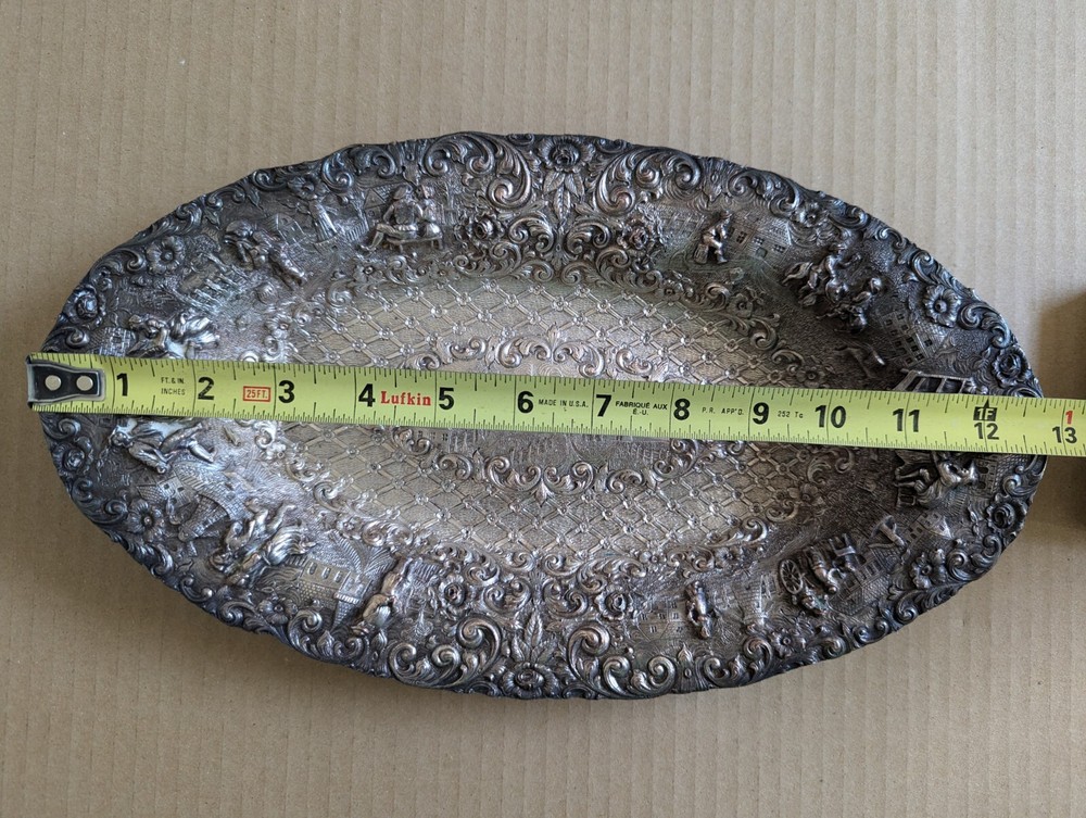Vintage Silver Plate REPOUSSE Colonial Scene OVAL TRAY Design 7" X 13"
