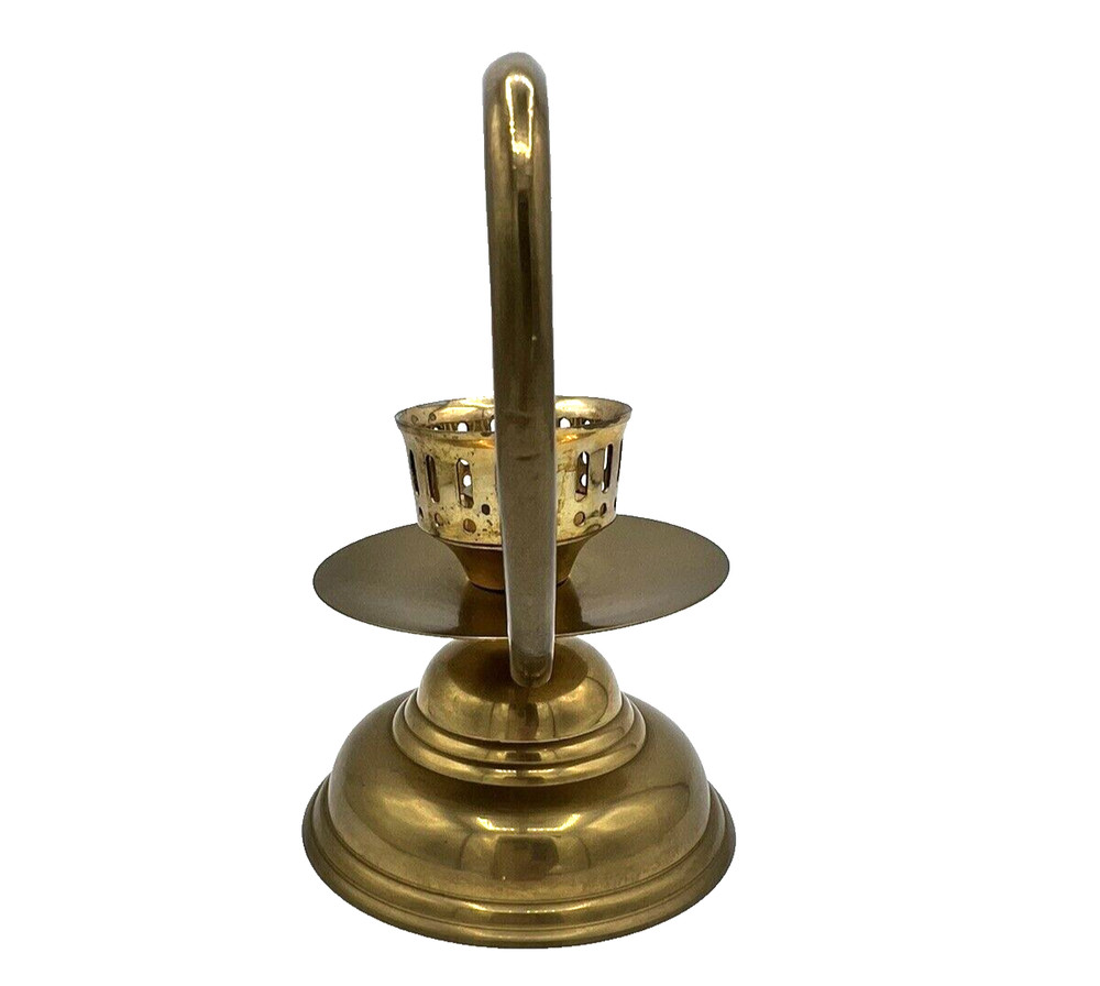 Chamber Candlestick Holder with Scroll Swirl Handle Large Solid Brass India GUC