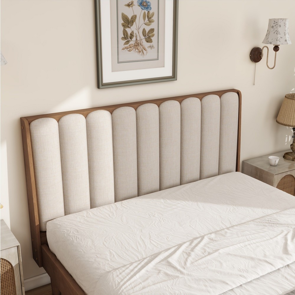 Queen/King Size Solid Wood Platform Bed Frame w/ Upholstered Headboard Wheat
