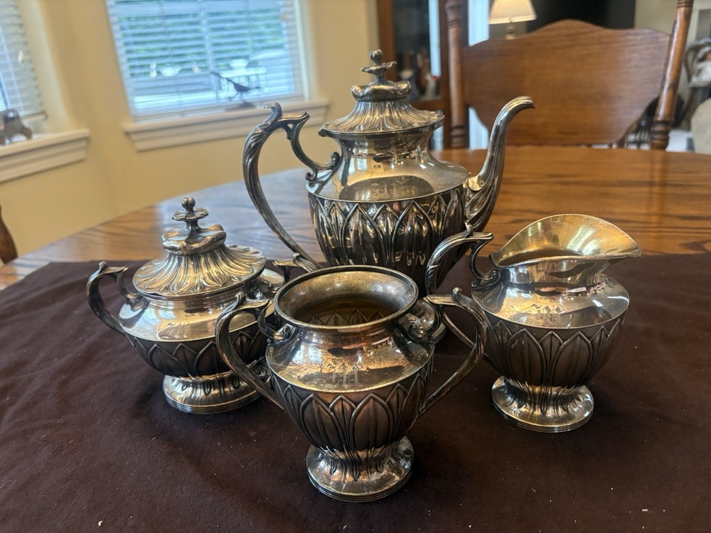 Antique Pairpoint Quadruple Silver Plate Tea Set – 4 Piece Ornate Victorian Set