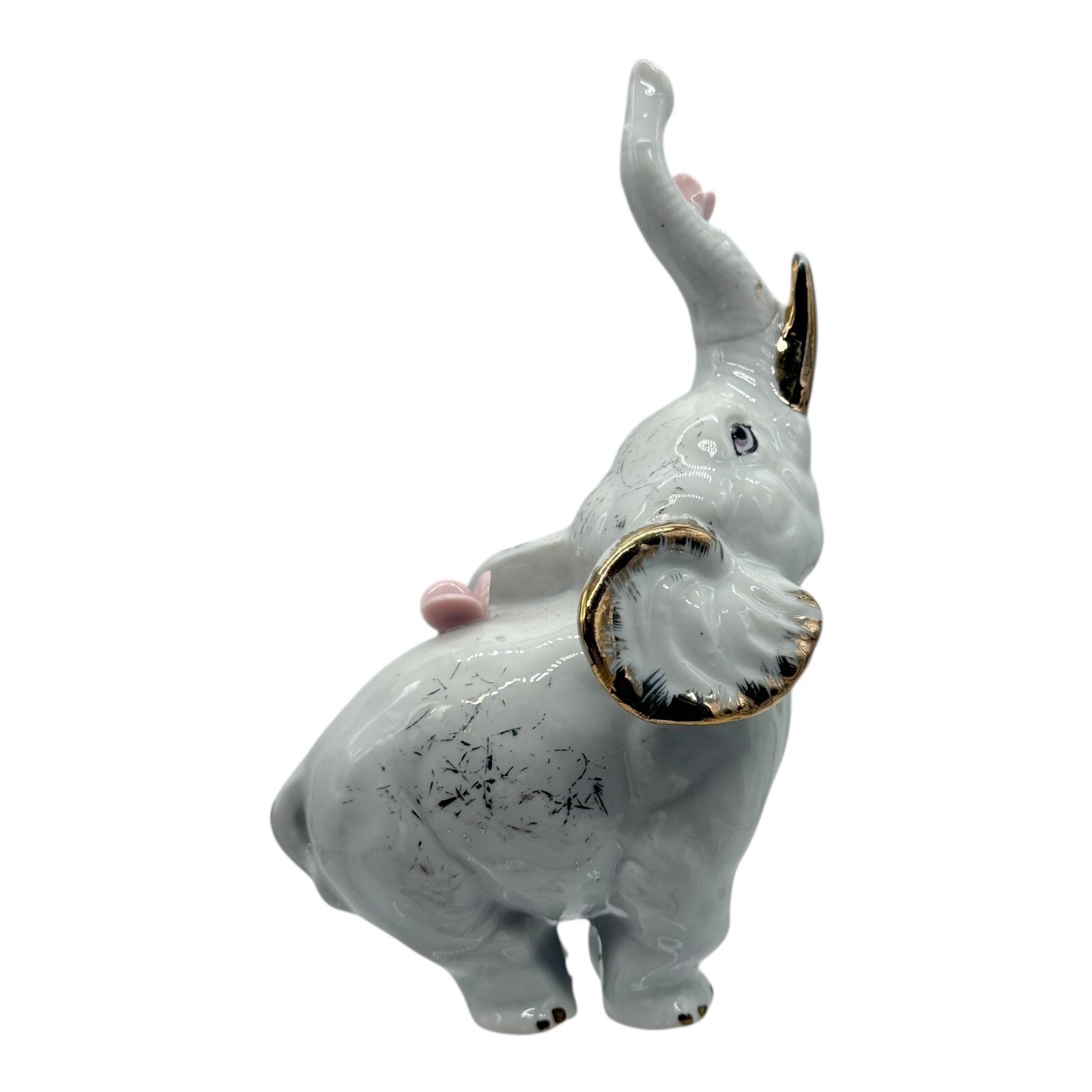 Elephant Figurine White Gold Accent Pink Flowers Trunk Up Good Luck Decor