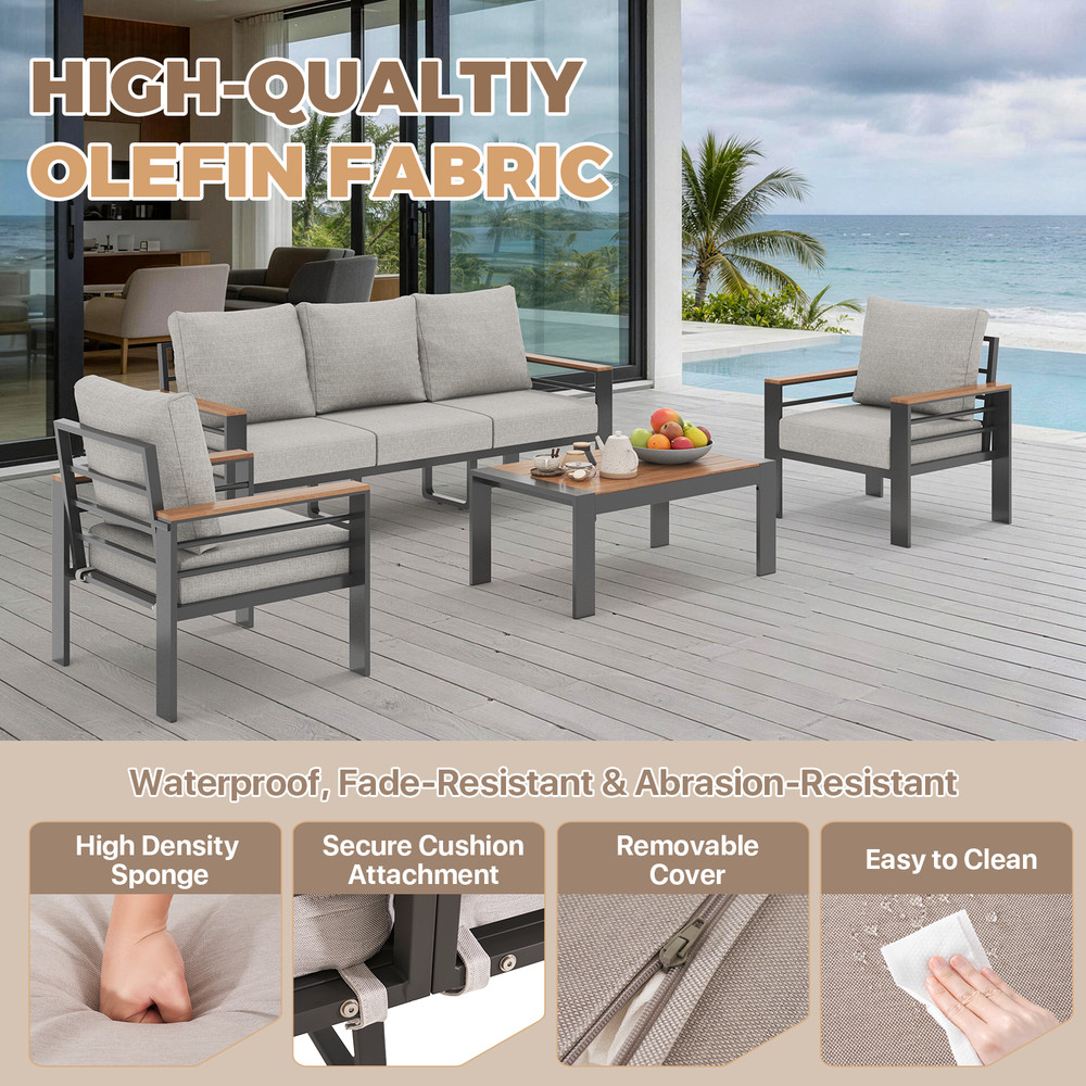 4-Piece Gray Exposed Tube Patio Sofa Set 2 Single&Double&Table