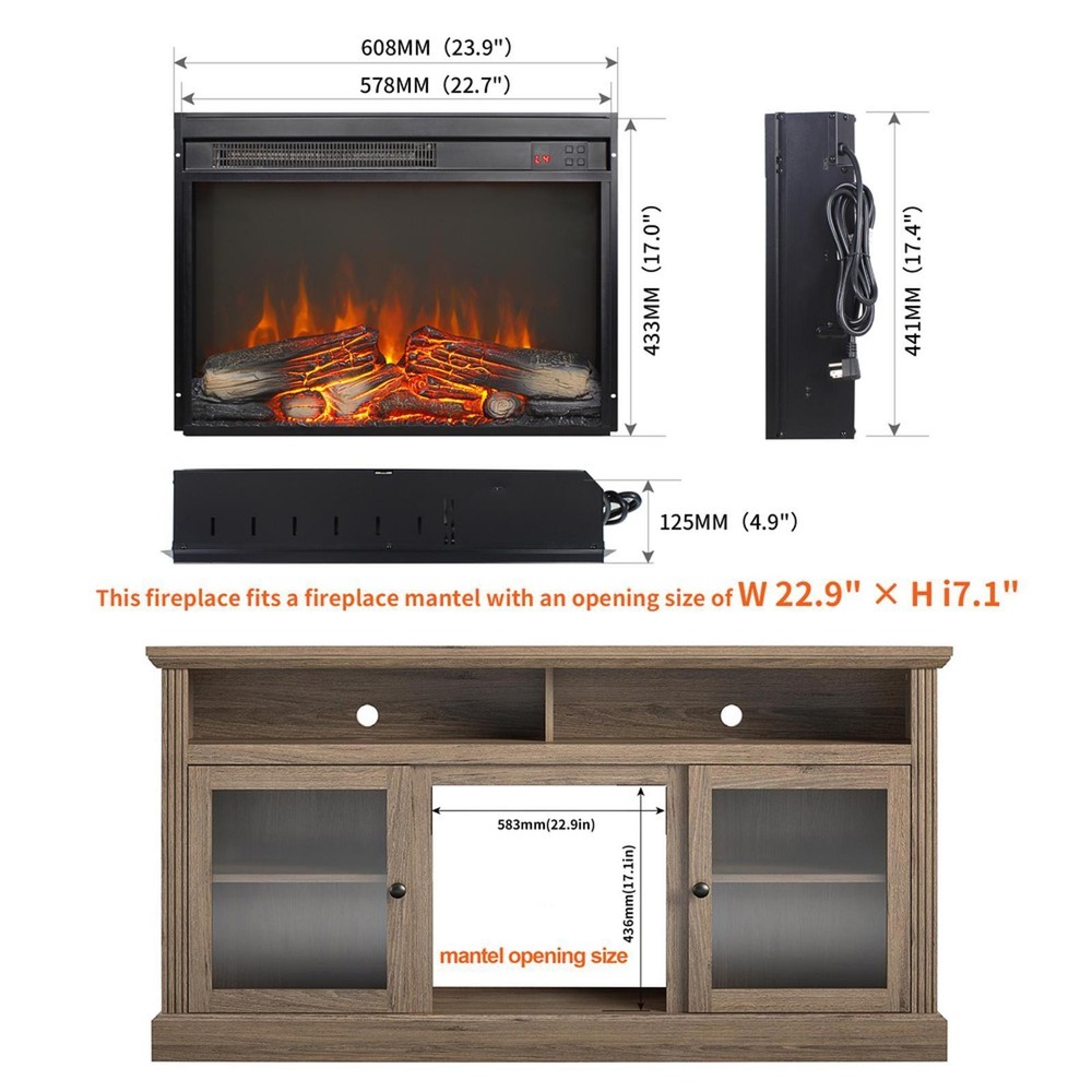 23 Inch Electric Fireplace Heater LED Fire Simulation Adjustable Brightness
