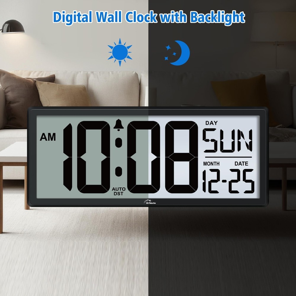 WallarGe Backlight Digital Wall Clock Battery Operated - with Temperature and...